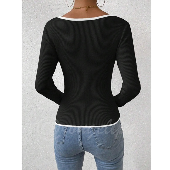 Black Rib Knit Sweetheart Contrast White Trim Long Sleeve Fitted Sweater Top - Picture 4 of 16
